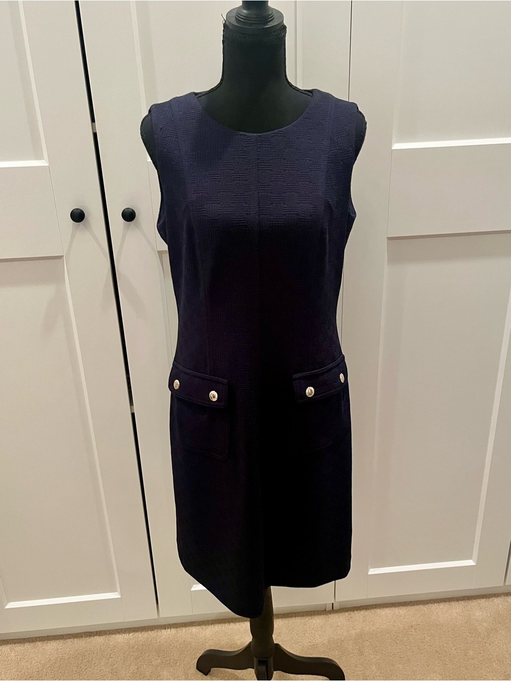 Tommy Hilfiger Navy Sleeveless Shift Dress with Silver Accent Buttons Officewear